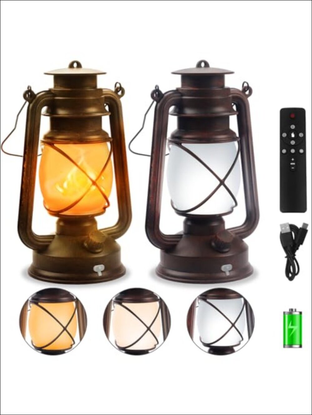 2 Pack Vintage LED Lanterns Flickering Flame Rechargeable Remote Control